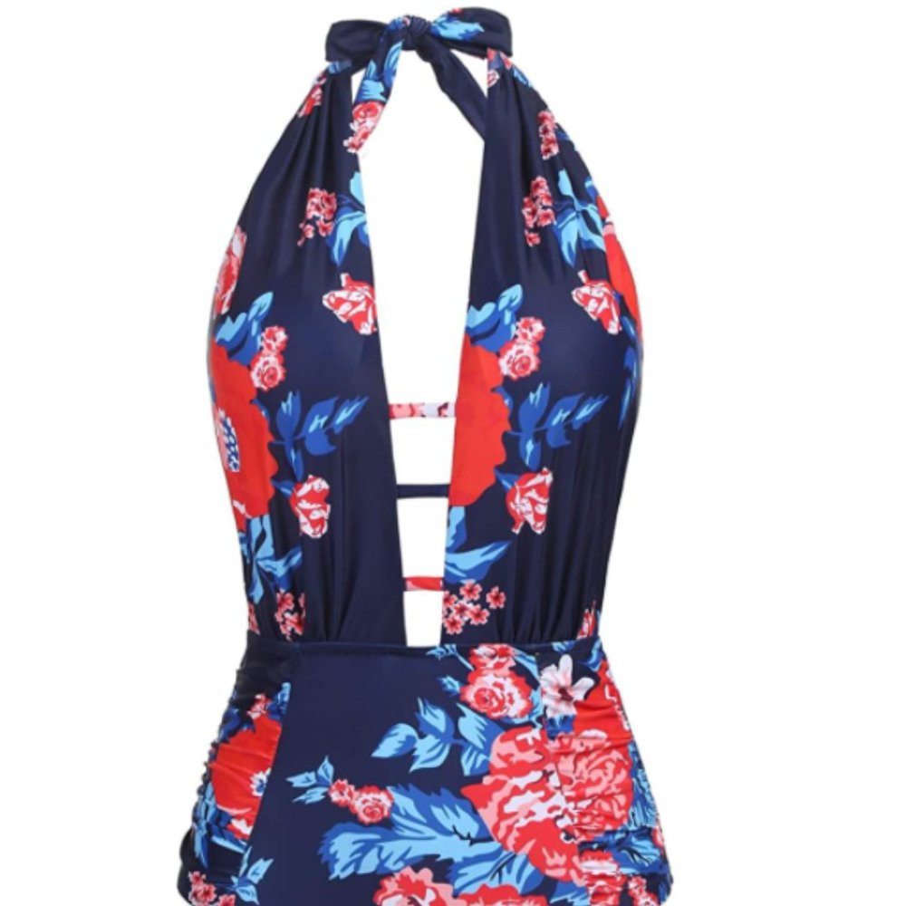 Ekouaer Women Deep Plunge Halter Floral Print High Waist One Piece Swims Sz S